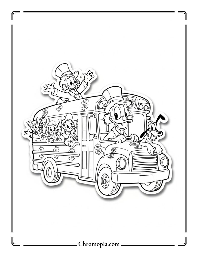 Scrooge McDuck Riding School Bus Coloring Page
