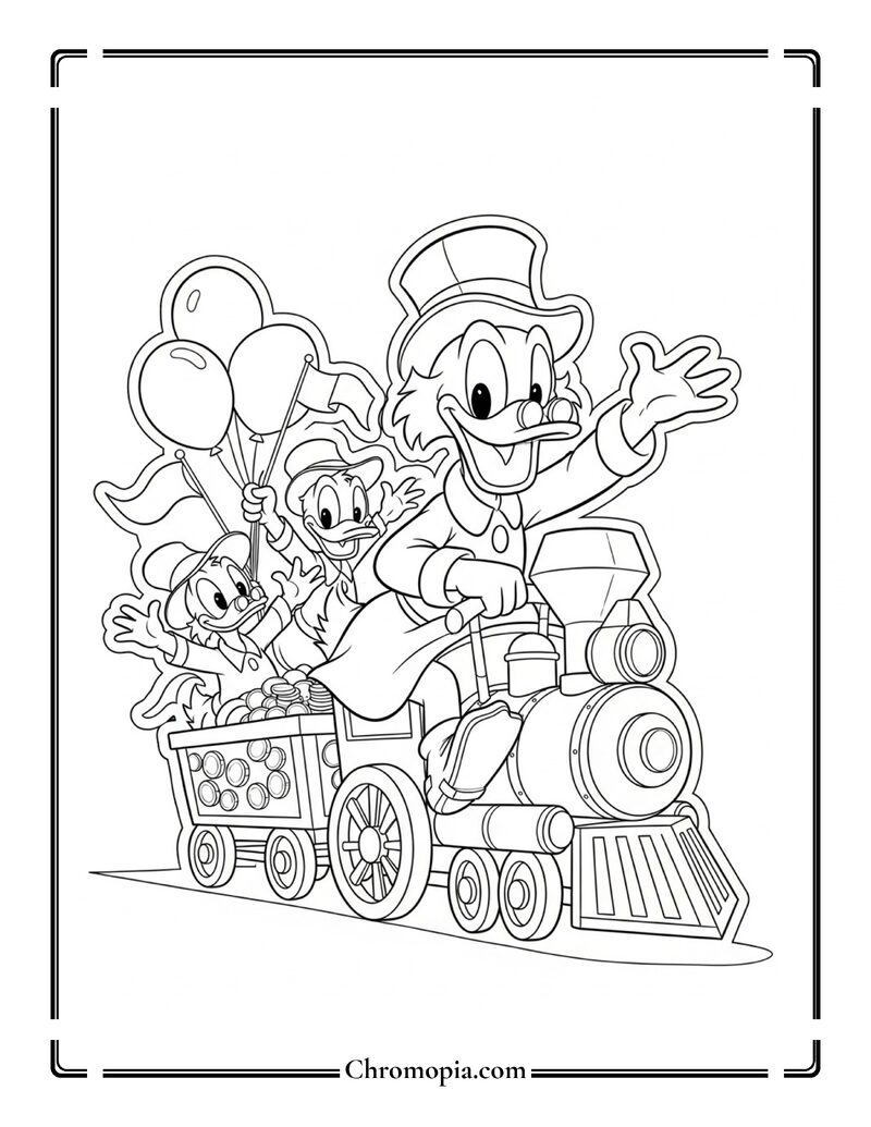 Scrooge McDuck Riding a Toy Train Coloring Page