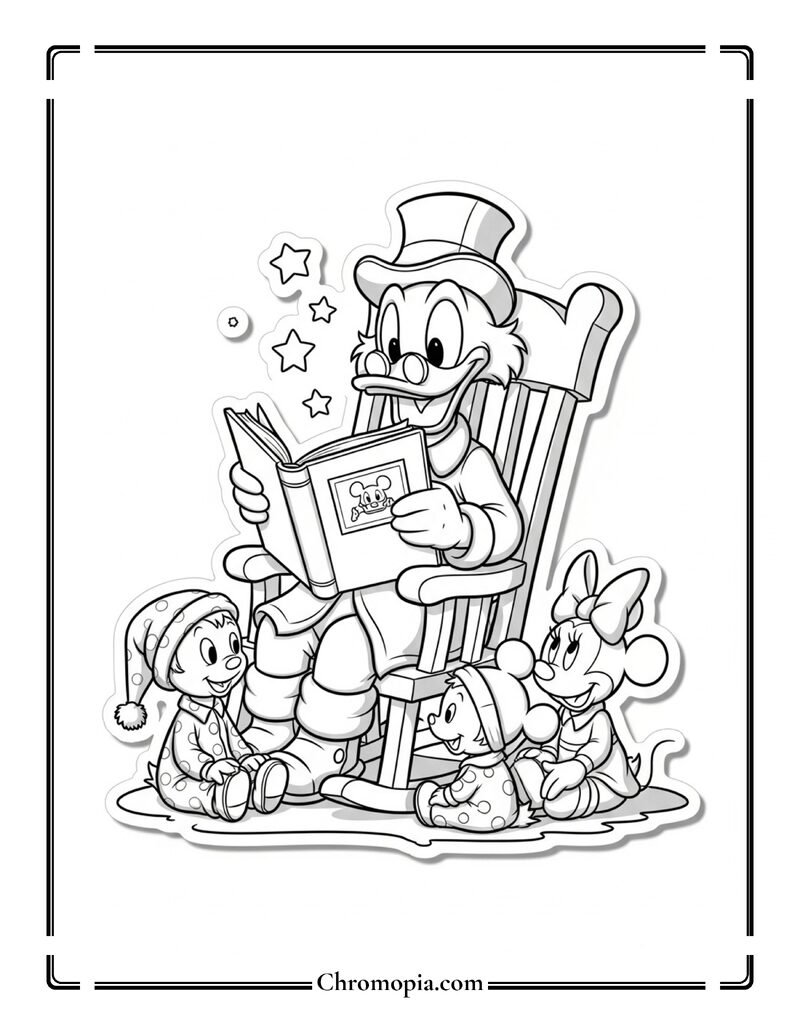 Scrooge McDuck Telling Story To Kids Coloring Page