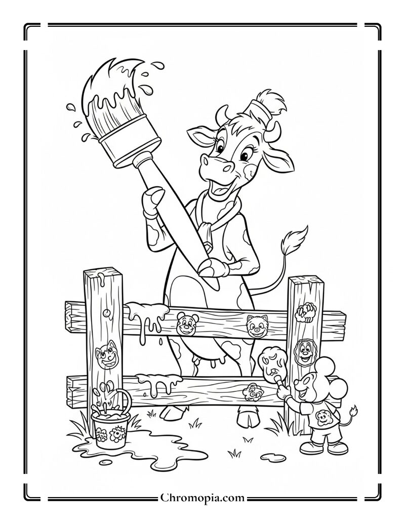 Clarabelle Cow Painting a Fence Coloring Page