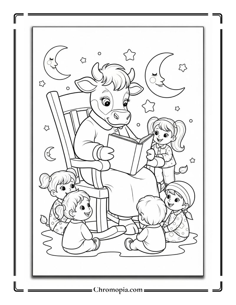 Clarabelle Cow Reading Story To Kids Coloring Page