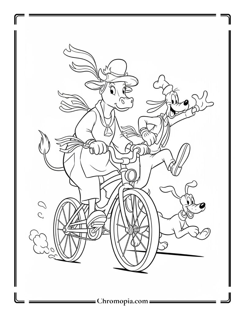 Clarabelle Cow Riding a Bicycle Coloring Page