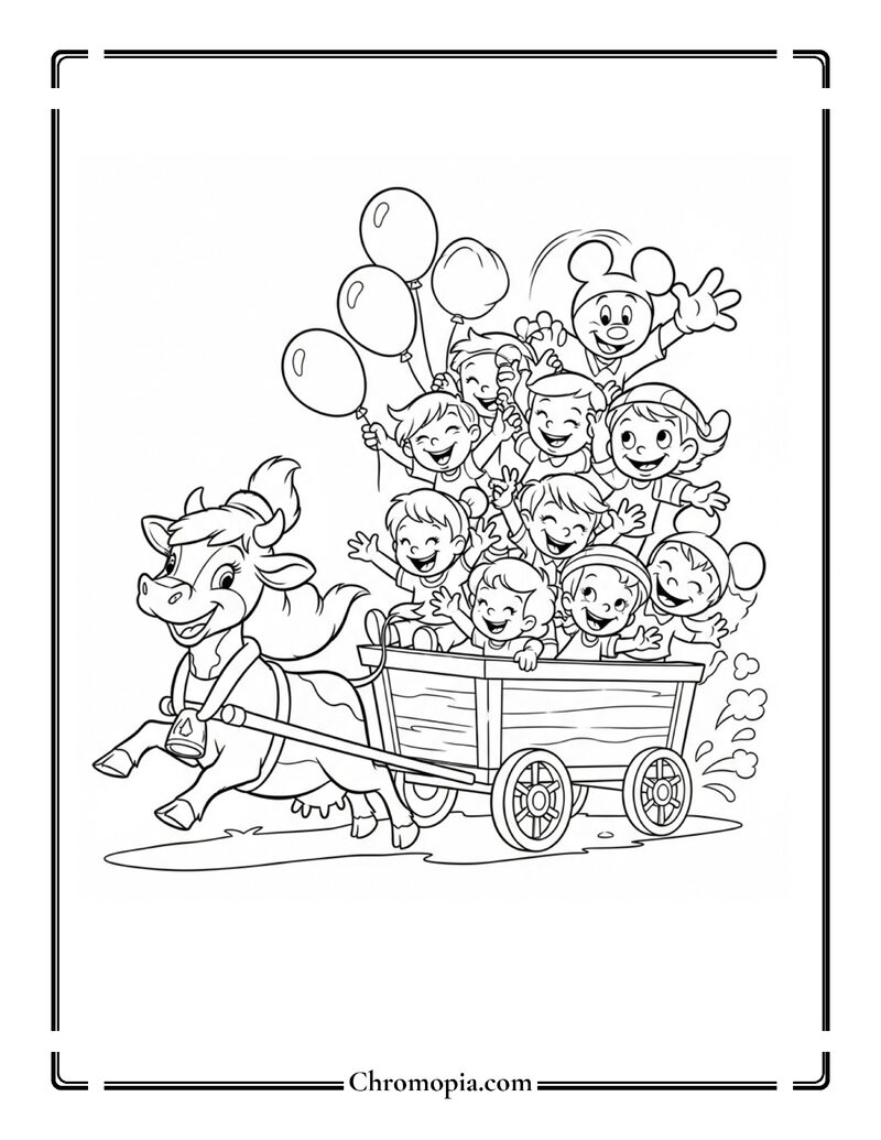 Clarabelle Cow Pulling Wagon Full Of Kids Coloring Page
