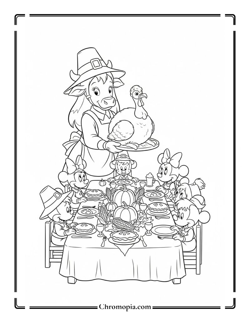 Clarabelle Cow Thanksgiving Feast Table Coloring Page