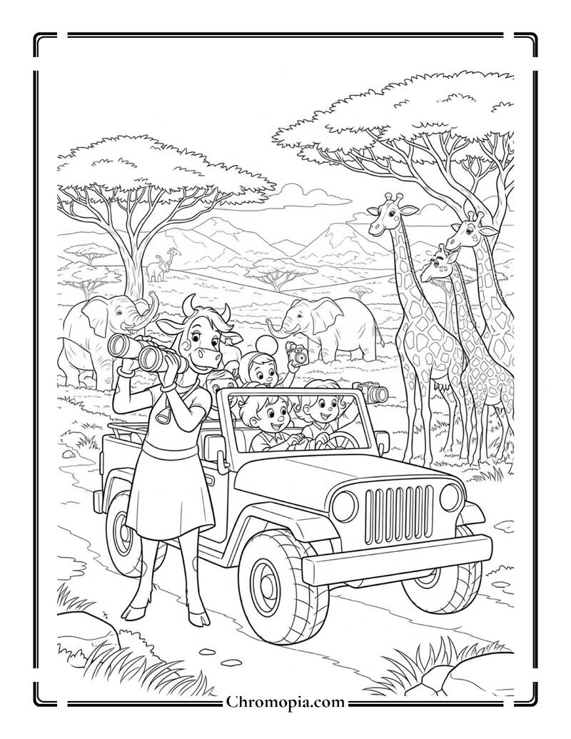 Clarabelle Cow Safari Jeep Ride Coloring Page