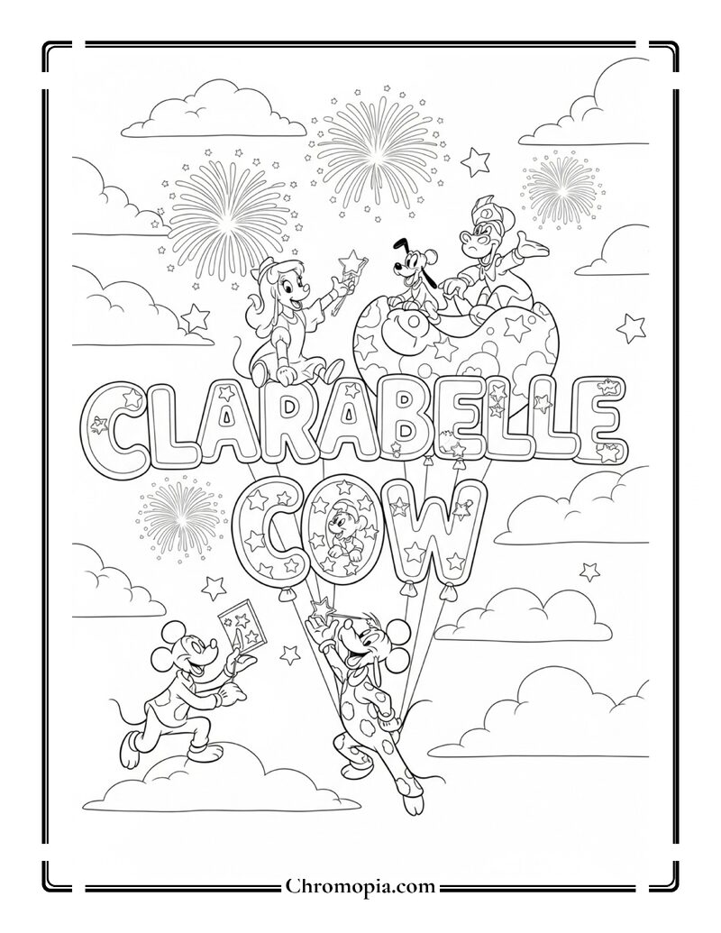 Clarabelle Cow Sky Text Festival Coloring Page