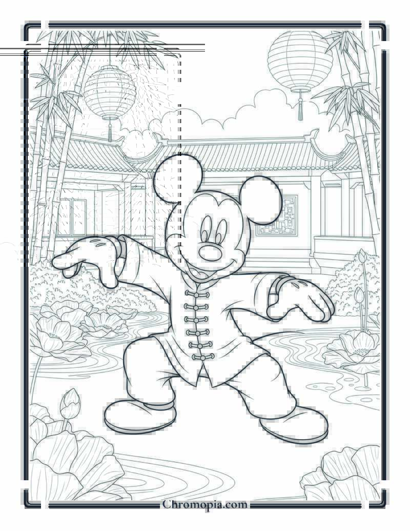 Mickey Mouse Practicing Tai Chi in China Coloring Page