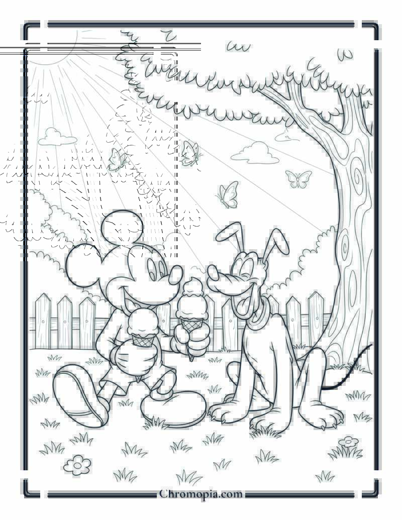 Mickey Mouse Sharing Ice Cream with Pluto Coloring Page