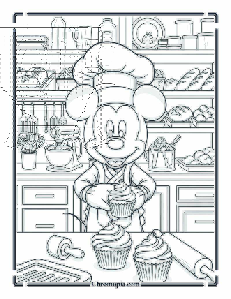 Mickey Mouse as Chef in Bakery Coloring Page