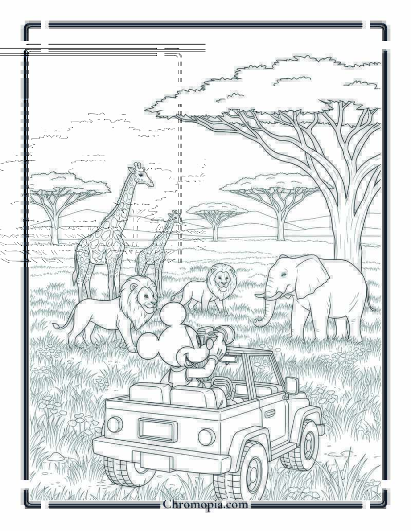 Mickey Mouse in Safari with Animals Coloring Page