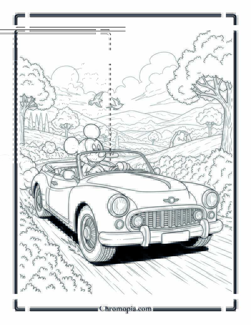 Mickey Mouse Driving Vintage Car Coloring Page