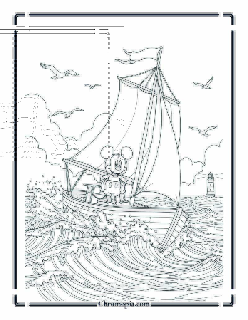 Mickey Mouse Sailing on Boat Coloring Page