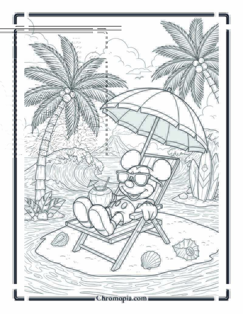 Mickey Mouse on Tropical Island Vacation Coloring Page
