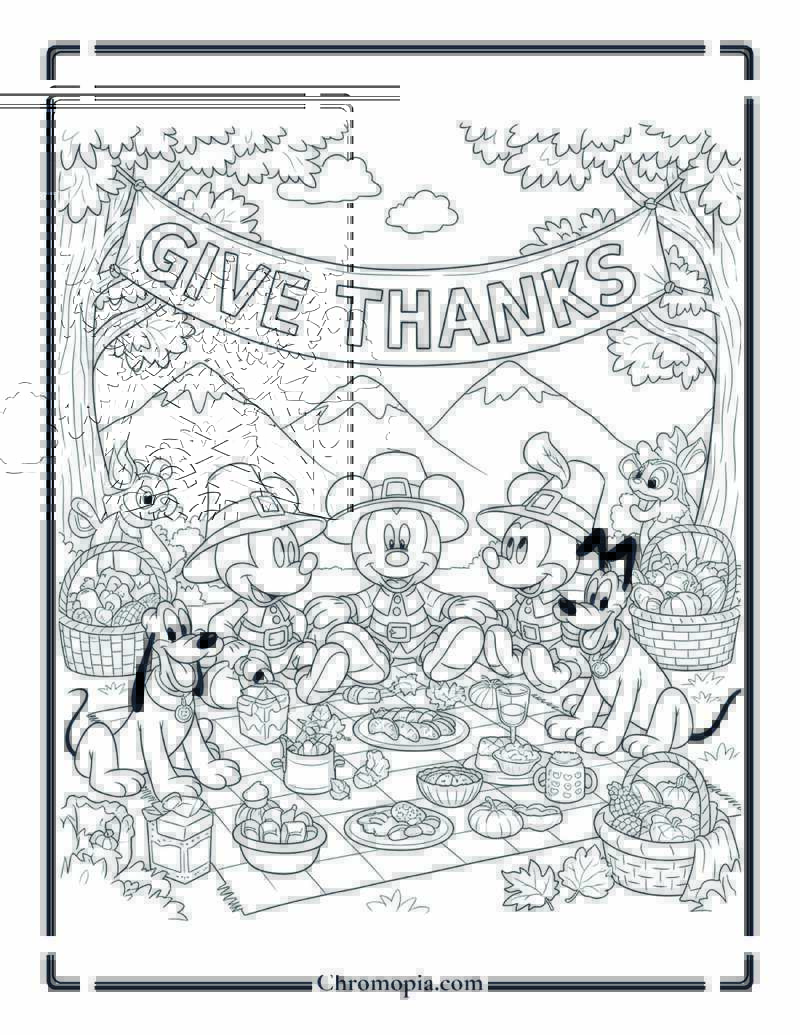 Mickey Mouse Pilgrim Picnic Celebration Coloring Page