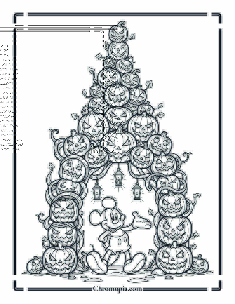 Mickey Mouse Under Pumpkin Archway Coloring Page