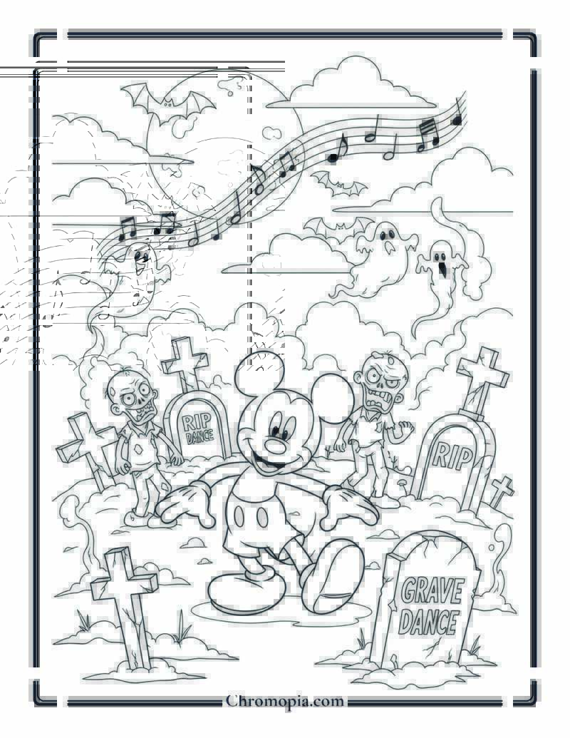 Mickey Mouse Zombie Graveyard Dance Coloring Page