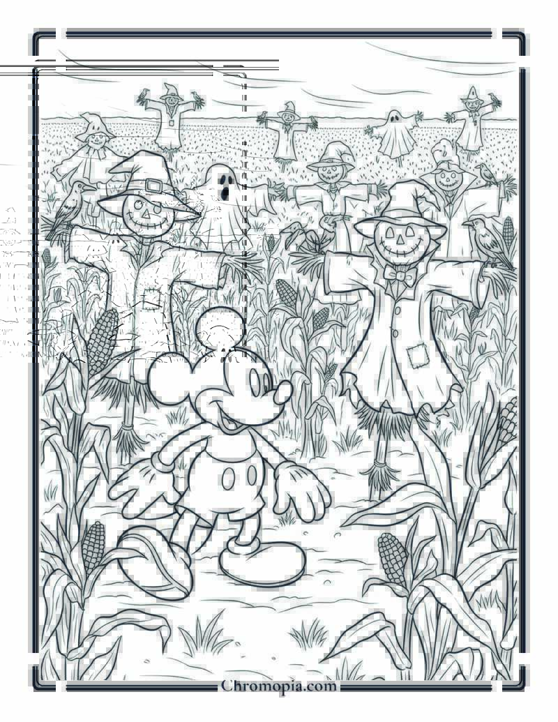 Mickey Mouse in Scarecrow Field Coloring Page