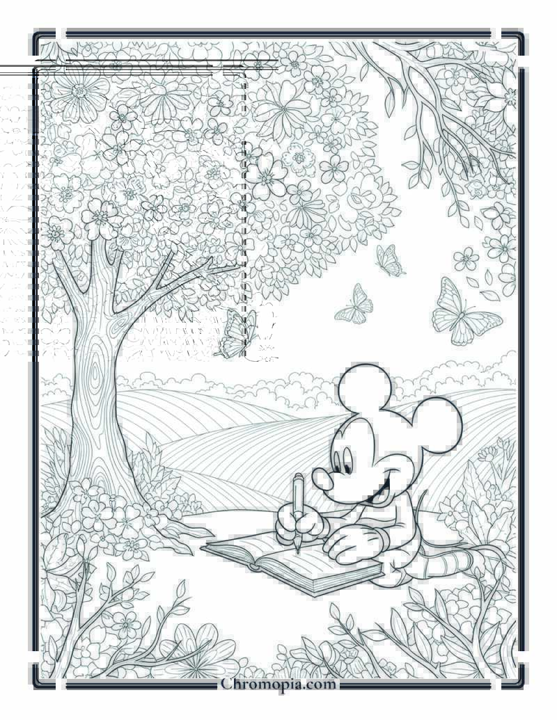 Mickey Mouse Journaling in Nature Coloring Page