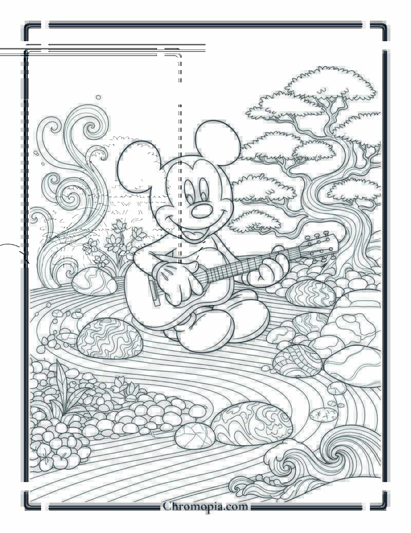 Mickey Mouse Playing Soft Guitar in Zen Garden Coloring Page