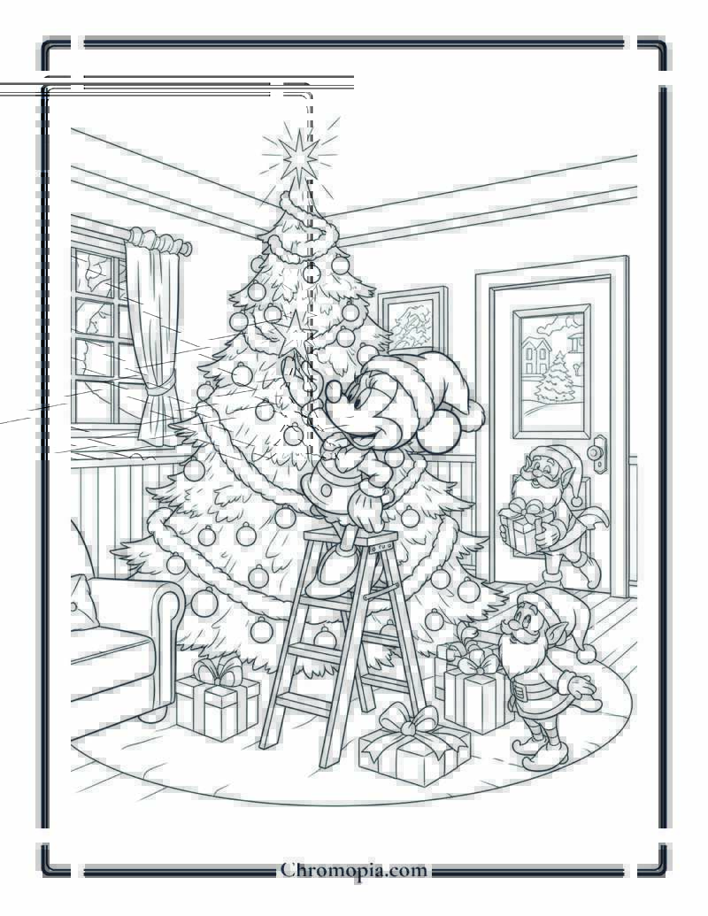 Minnie Mouse Decorating Christmas Tree Coloring Page