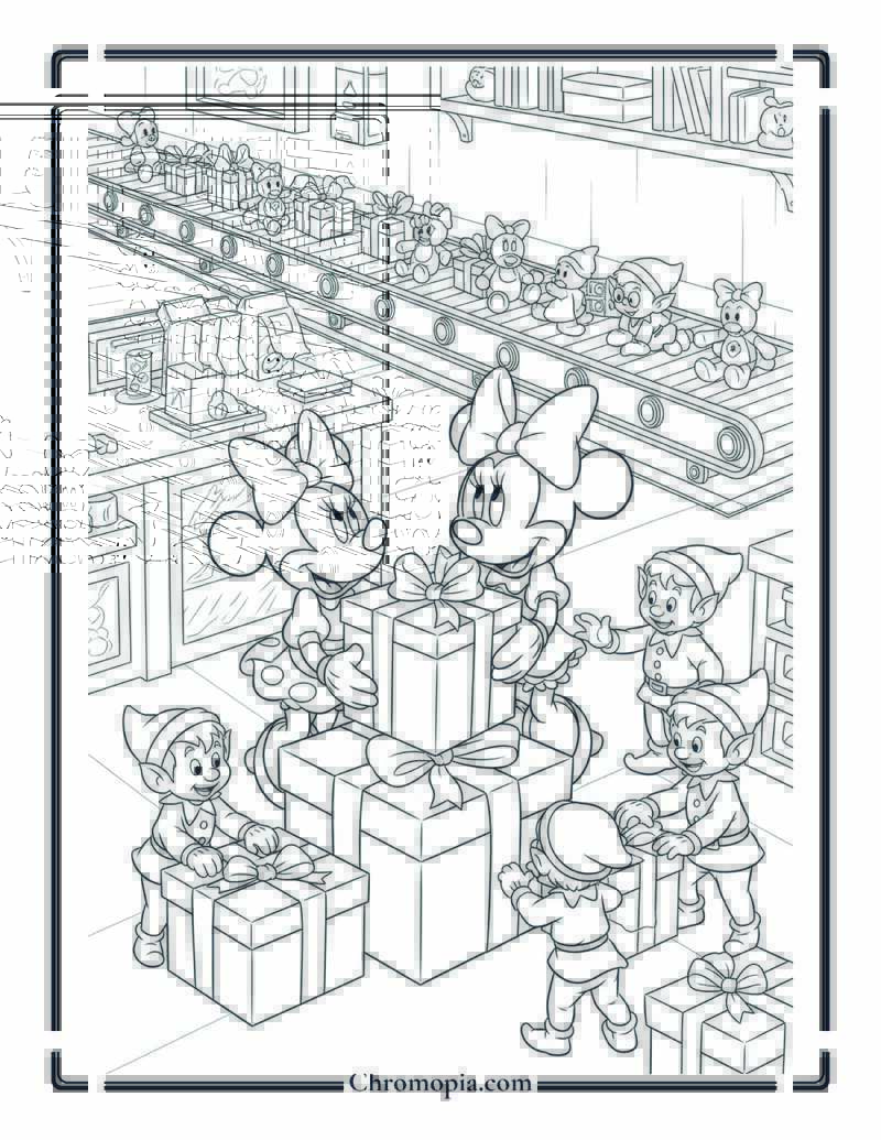 Minnie Mouse Wrapping Gifts with Elves Coloring Page