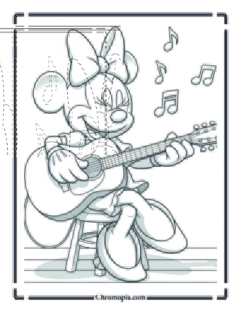 Minnie Mouse Playing Guitar on Stage Coloring Page