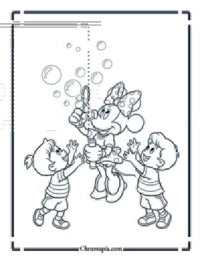 Minnie Mouse Blowing Bubbles with Kids Coloring Page