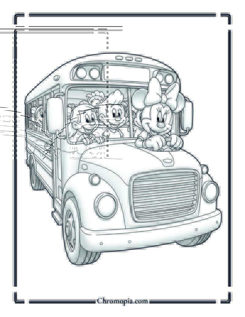 Minnie Mouse Driving School Bus with Kids Coloring Page