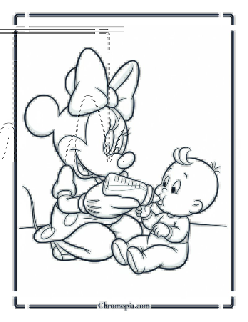 Minnie Mouse Feeding Baby with Bottle Coloring Page