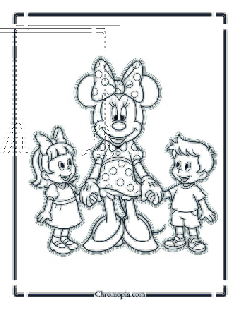 Minnie Mouse Holding Hands with Two Kids Coloring Page