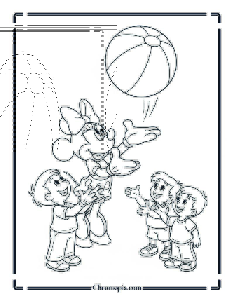 Minnie Mouse Playing Ball with Kids Coloring Page