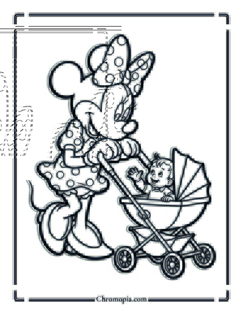 Minnie Mouse Pushing Stroller with Child Coloring Page