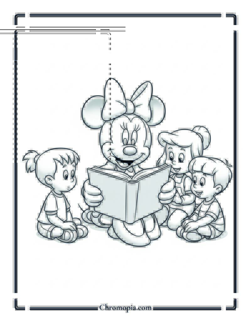 Minnie Mouse Reading Storybook to Kids Coloring Page