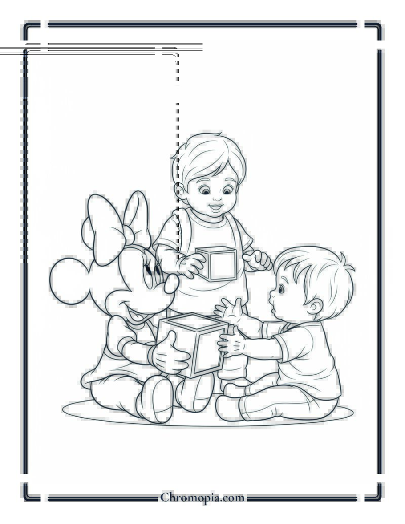 Minnie Mouse as Toddler Playing with Human Toddler Coloring Page