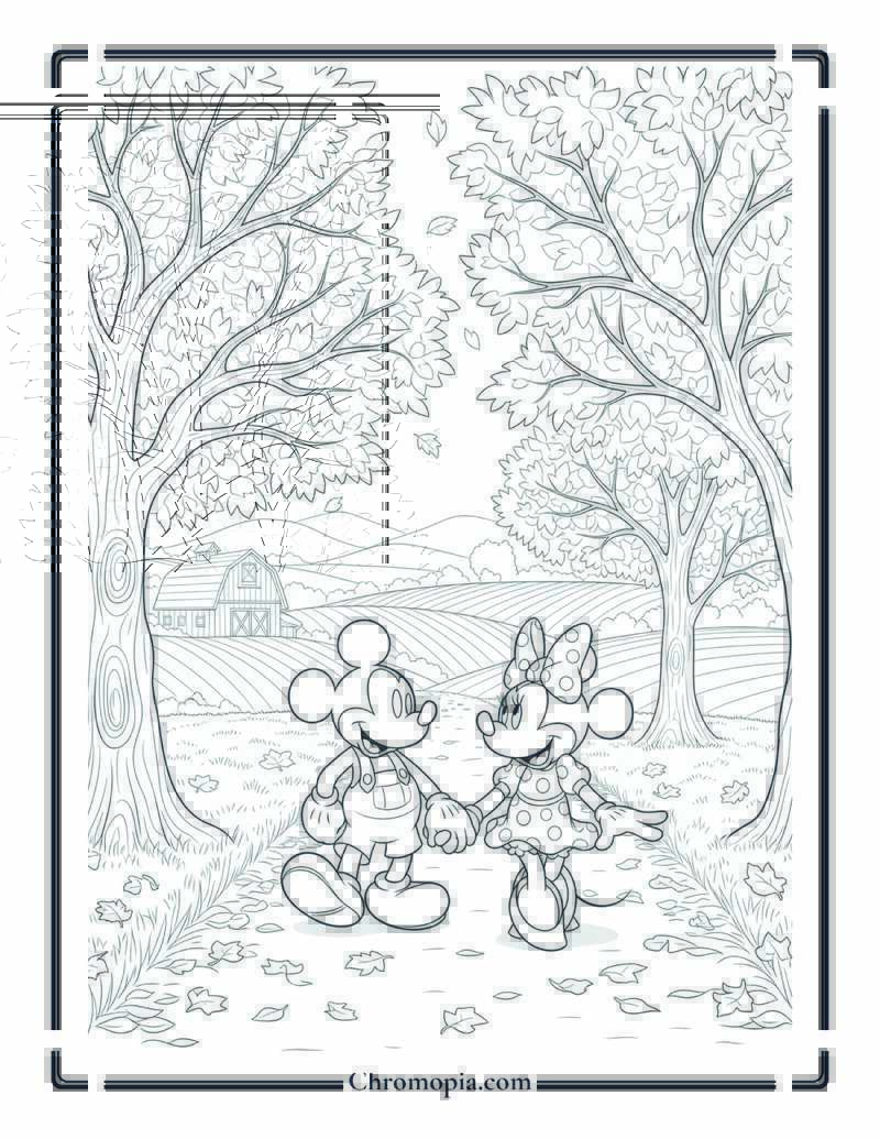 Mickey and Minnie Mouse Fall Countryside Walk Coloring Page