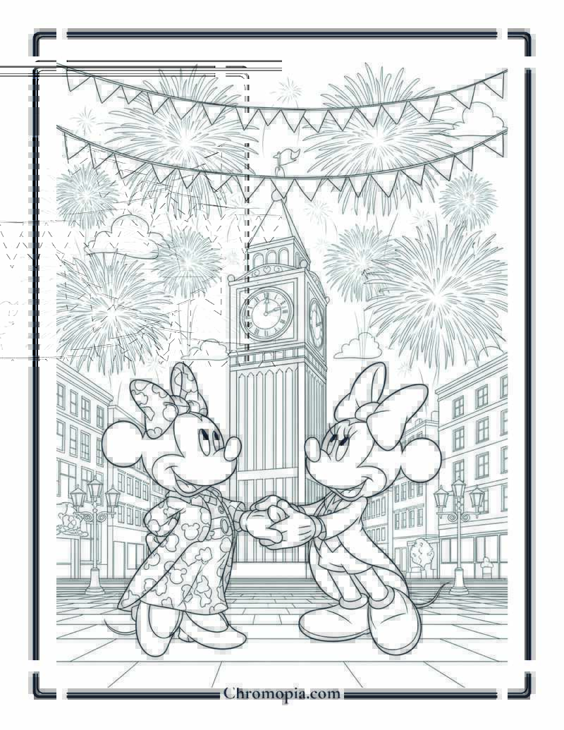 Mickey and Minnie Mouse New Year Fireworks Coloring Page