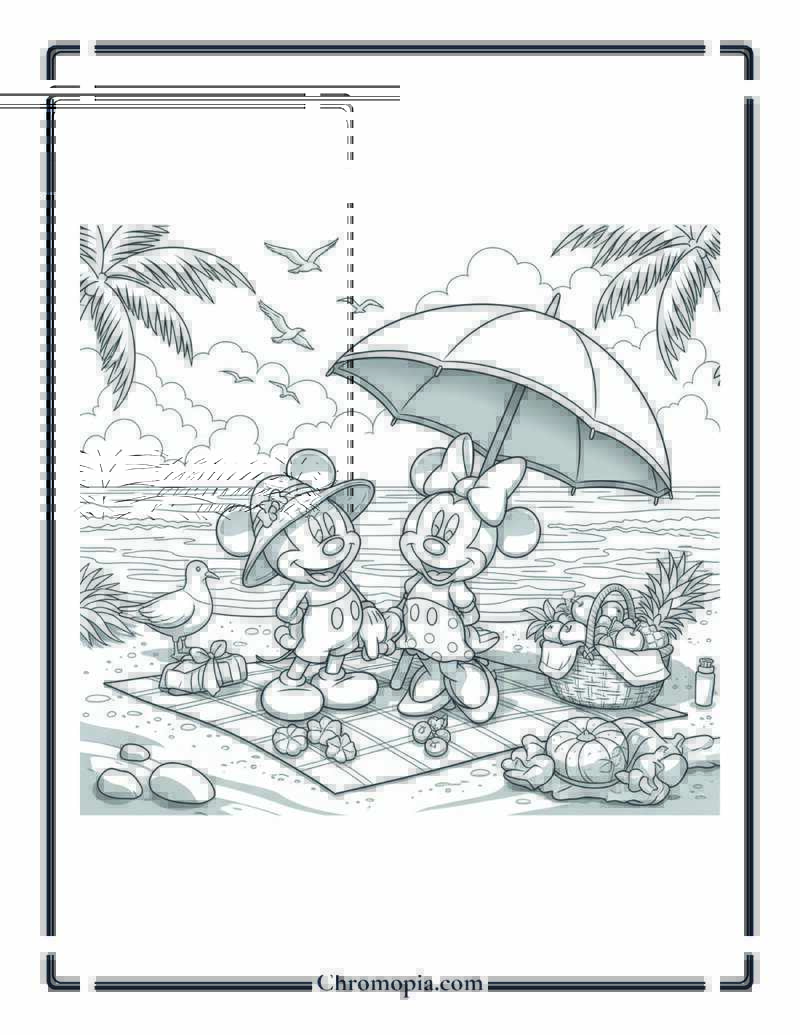Mickey and Minnie Mouse Summer Beach Picnic Coloring Page