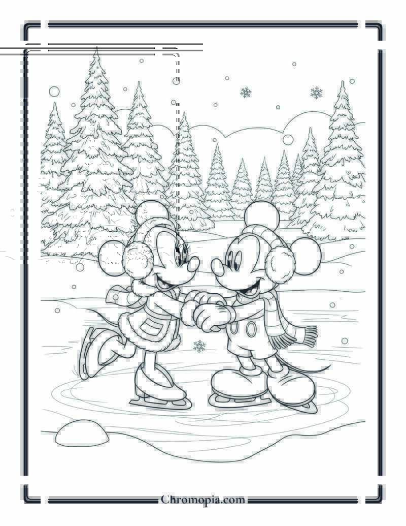 Mickey and Minnie Mouse Winter Ice Skating Coloring Page