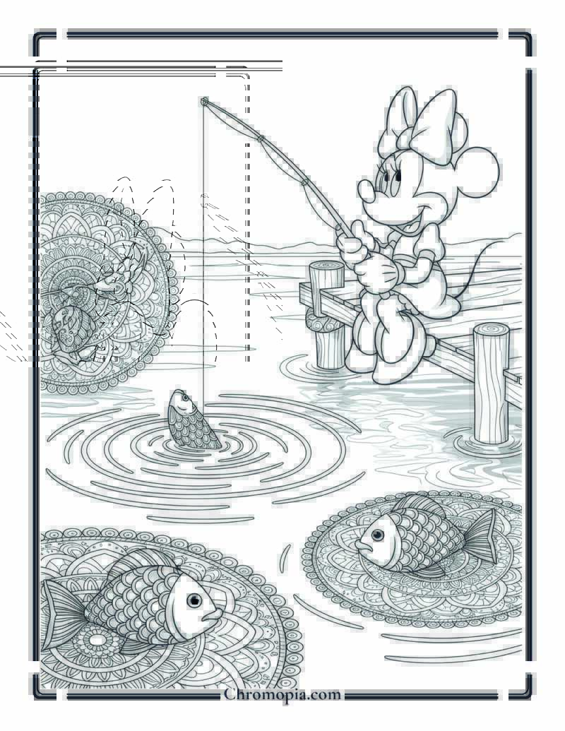 Minnie Mouse Fishing at Zen Lake Coloring Page