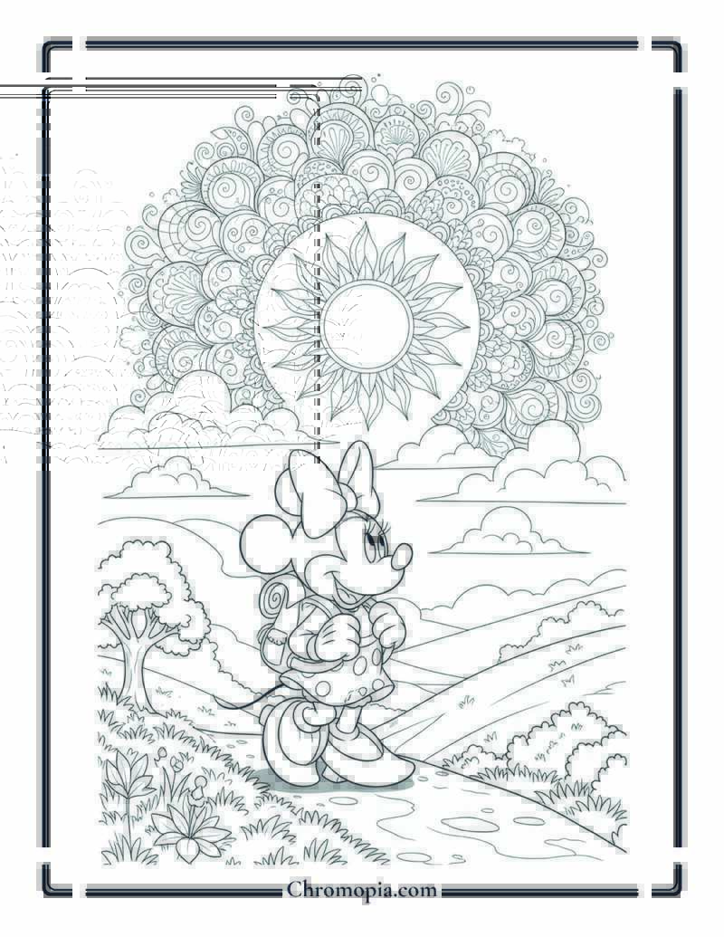 Minnie Mouse Hiking with Mandala Sky Coloring Sheet