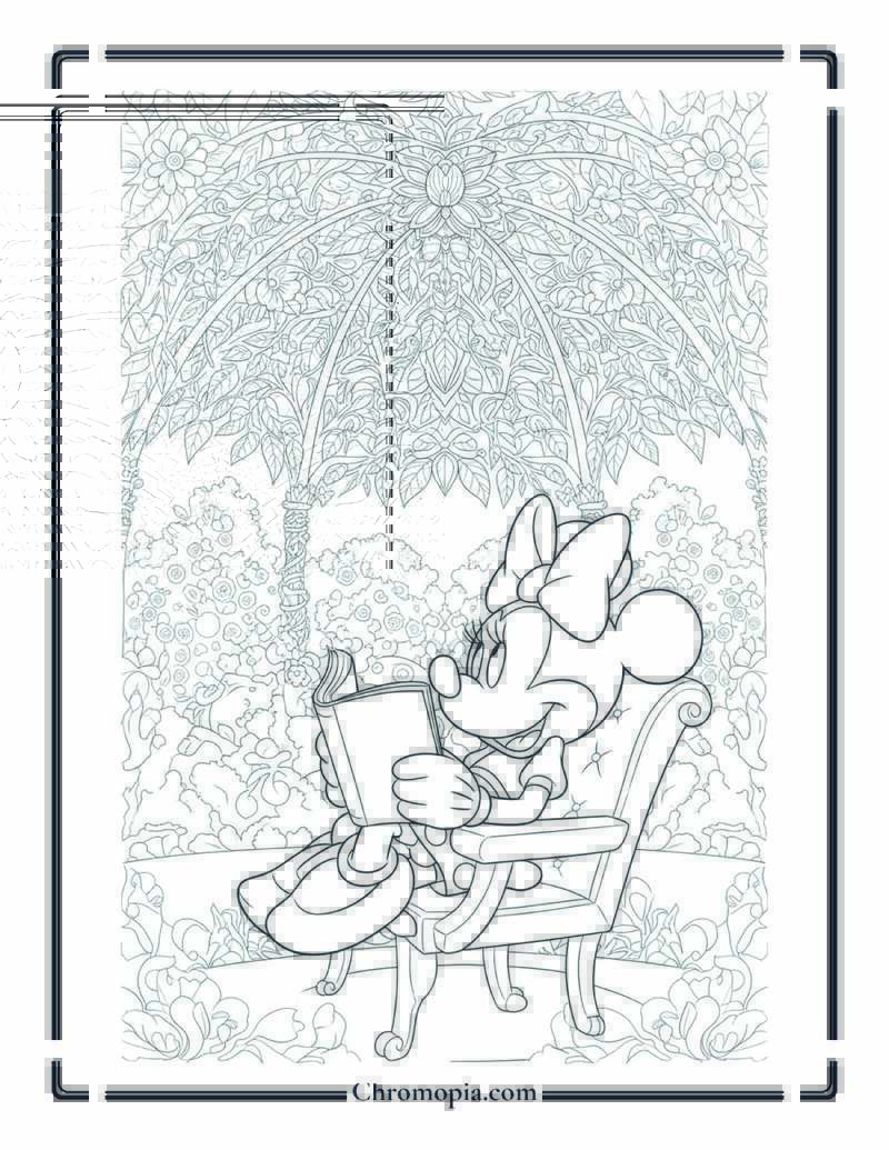 Minnie Mouse Reading in Patterned Garden Coloring Page