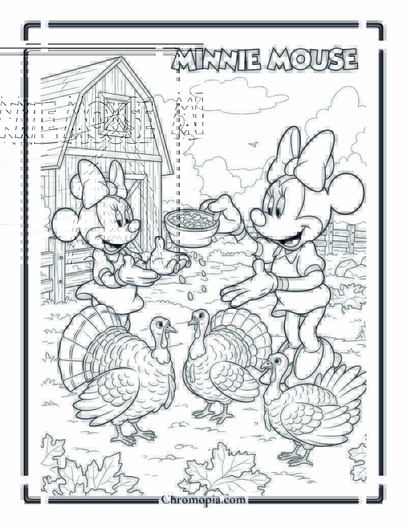 Minnie Mouse Feeding Autumn Turkeys Coloring Page