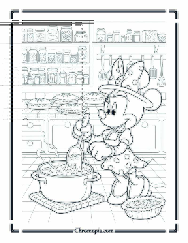 Minnie Mouse Thanksgiving Kitchen Cooking Coloring Page