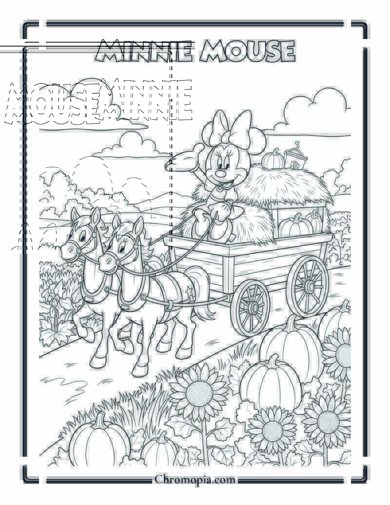 Minnie Mouse Thanksgiving Wagon Ride Coloring Page
