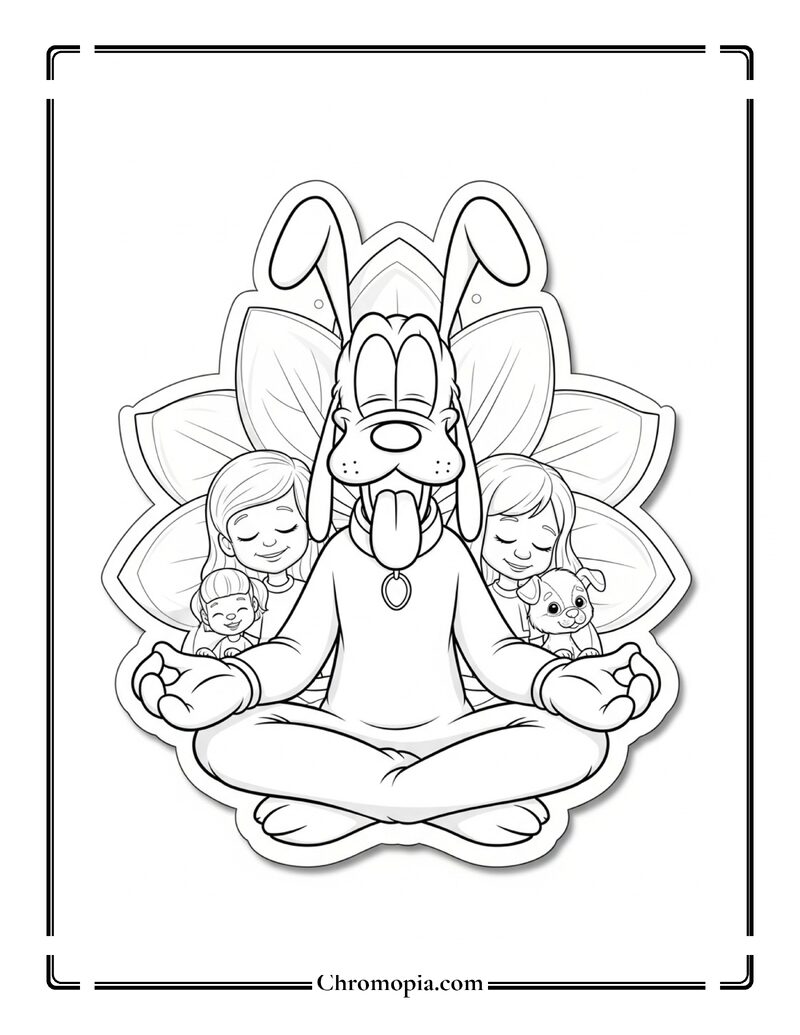 Pluto Meditating Inside Zen Flower Frame Coloring Page