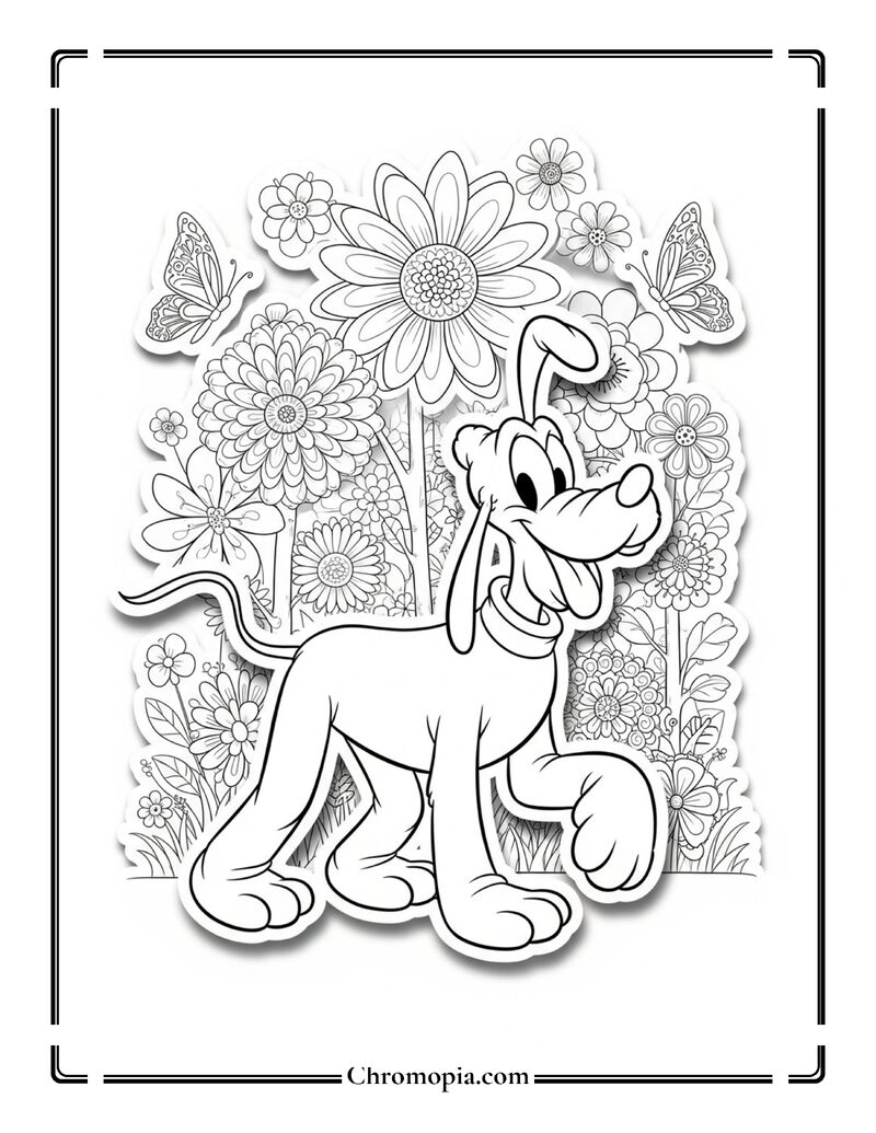 Pluto Walking In Flower Garden Coloring Page