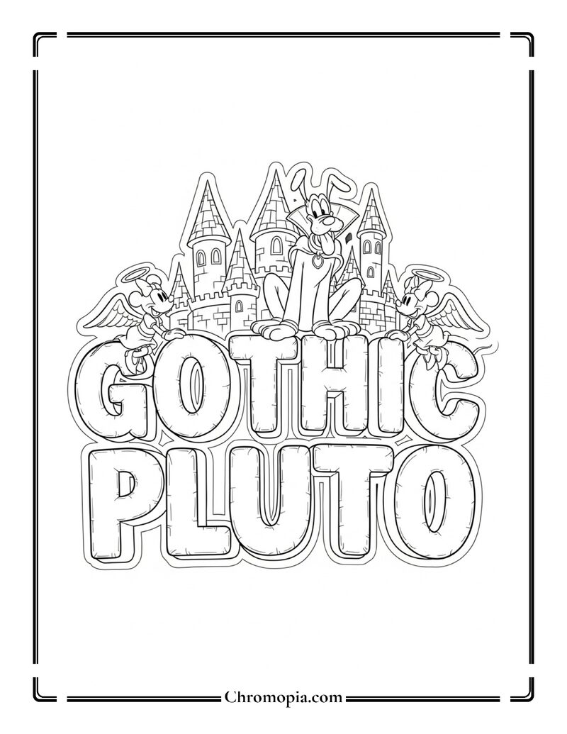 Gothic Pluto Haunted Text Castle Coloring Page