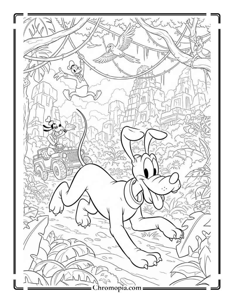 Pluto Exploring Jungle Adventure Scene Coloring Page