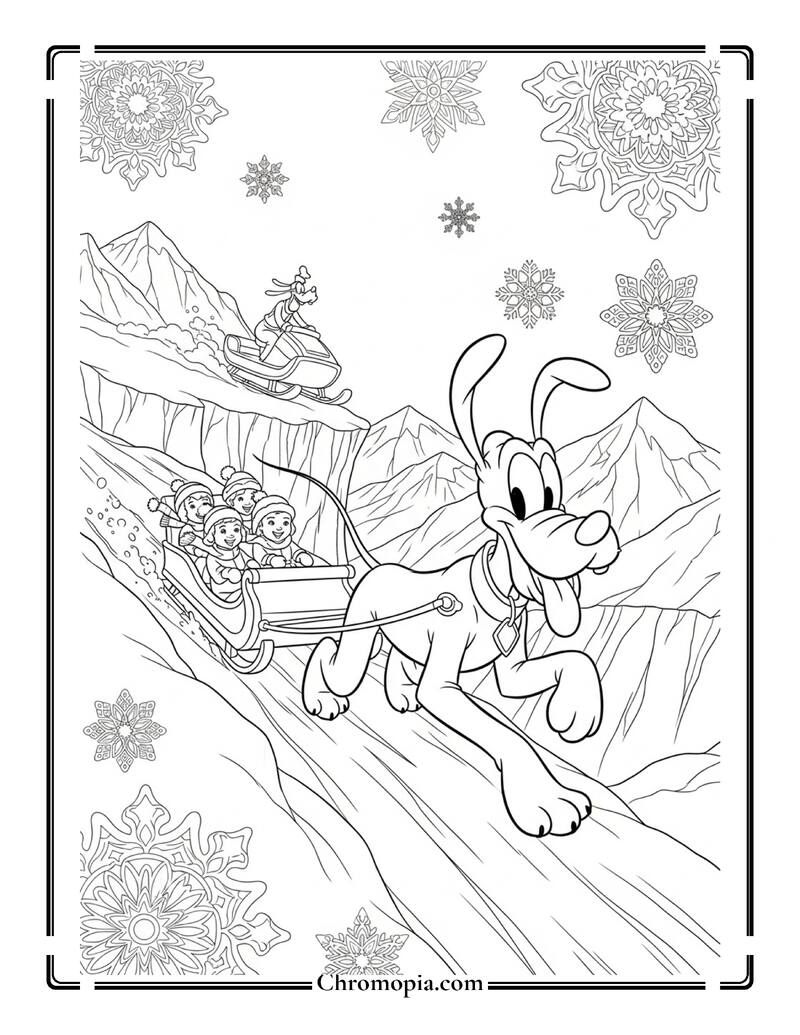 Pluto Racing In Snowy Mountains Coloring Page