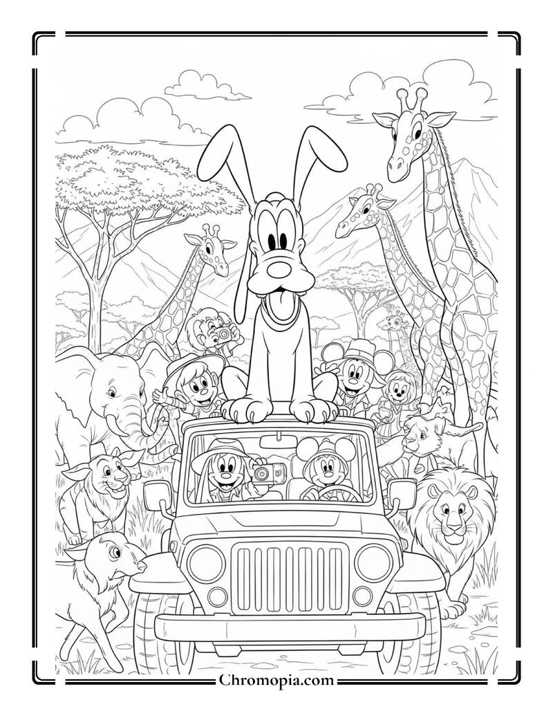 Pluto Safari Ride With Animals Coloring Page
